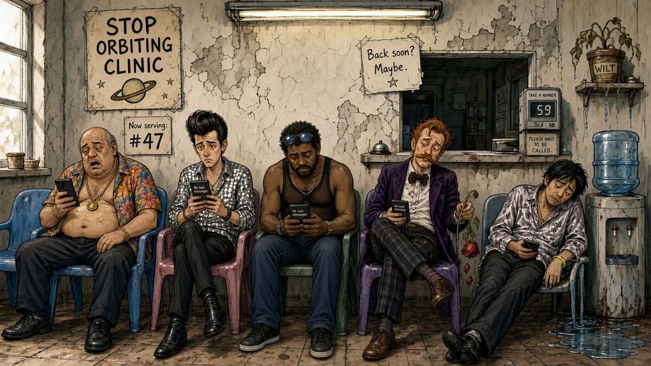 Illustrated waiting room full of tired men in last night's club clothes staring at phones with no new messages